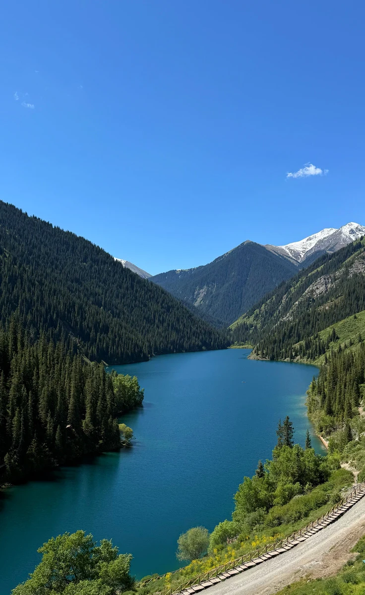 Elevated view of Kolsai Lake's deep blue water winding between forested slopes with snow-capped peaks beyond